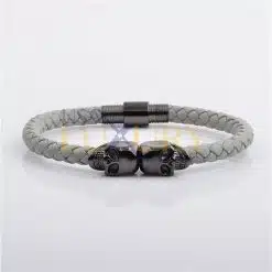 Mens Skull Bio Magnetic Real Leather Bracelet Stainless Steel Gray Strap
