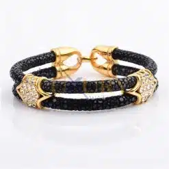 Stainless Steel Charm With Real Stingray Leather Men’s Bracelet With Cz Stones Black & Gold color