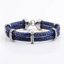 Stainless Steel Charm With Real Stingray Leather Men’s Bracelet Blue & Silver color