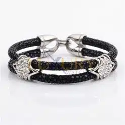 Stainless Steel Charm With Real Stingray Leather Men’s Bracelet With Cz Stones Black & Silver color with Ring