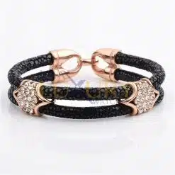 Stainless Steel Charm With Real Stingray Leather Men’s Bracelet With Cz Stones Black & Rose Gold color