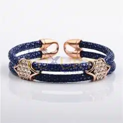 Rhinestone Bangle Stainless Steel Charm Gold Plated With Real Stingray Leather Men’s Bracelet