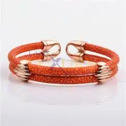 Stainless Steel Charm Rose Gold Plated With Real Stingray Leather Men’s Bracelet Orange