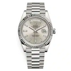 Rolex Day-Date 228239-0003 Silver Baguette Dial 40mm White Gold Mens Watch