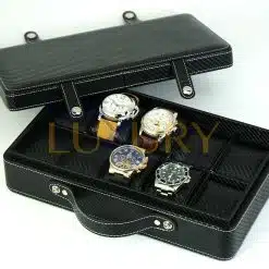 Watch Case Briefcase-TRANSFORMER Black Zippered Travel Leather Carbon Fiber Storage Great gift idea!