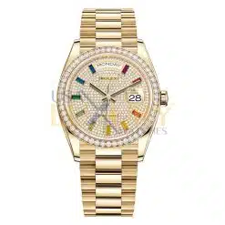 Rolex 128348RBR Day-Date 36 Diamond-Paved Rainbow Sapphire Diamond Bezel Dial Watch