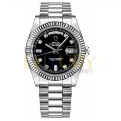 Rolex Day-Date II 218239 41mm Black Diamond Fluted Bezel White Gold Watch