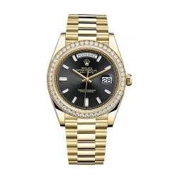 Rolex Day-Date 228348RBR Black Diamond Dial and Diamond Bezel Yellow Gold President Bracelet 40mm Watch