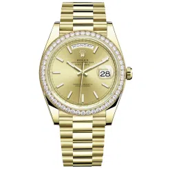 Rolex Day-Date 228348RBR Champaign Index Dial and Diamond Bezel Yellow Gold President Bracelet 40mm Watch