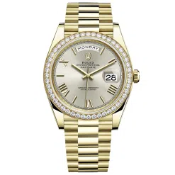 Rolex Day-Date 228348RBR Silver Bevelled Roman Dial and Diamond Bezel Yellow Gold President Bracelet 40mm Watch