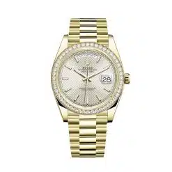 Rolex Day-Date 228348RBR Silver Diagonal Motif Index Dial and Diamond Bezel Yellow Gold President Bracelet 40mm Watch