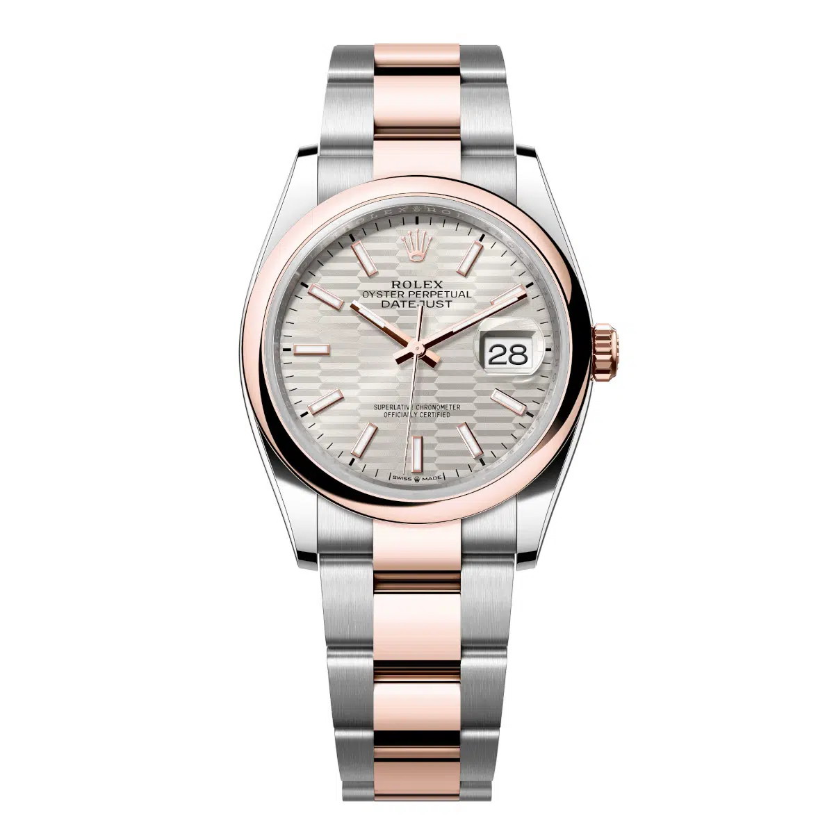 Rolex Datejust 126201-0034 Silver Fluted Motif 36mm Dial Domed Bezel Oyster Bracelet Everose Gold and Oystersteel Watch