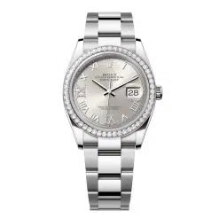 Rolex Datejust 126284RBR-0022 Silver Roman Numeral Set with Diamonds Dial 36mm Diamond Set Bezel Oyster Bracelet Watch