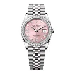 Rolex Datejust 126284RBR-0023 Pink Roman Numeral Set with Diamonds Dial 36mm Diamond Set Bezel Jubilee Bracelet Watch