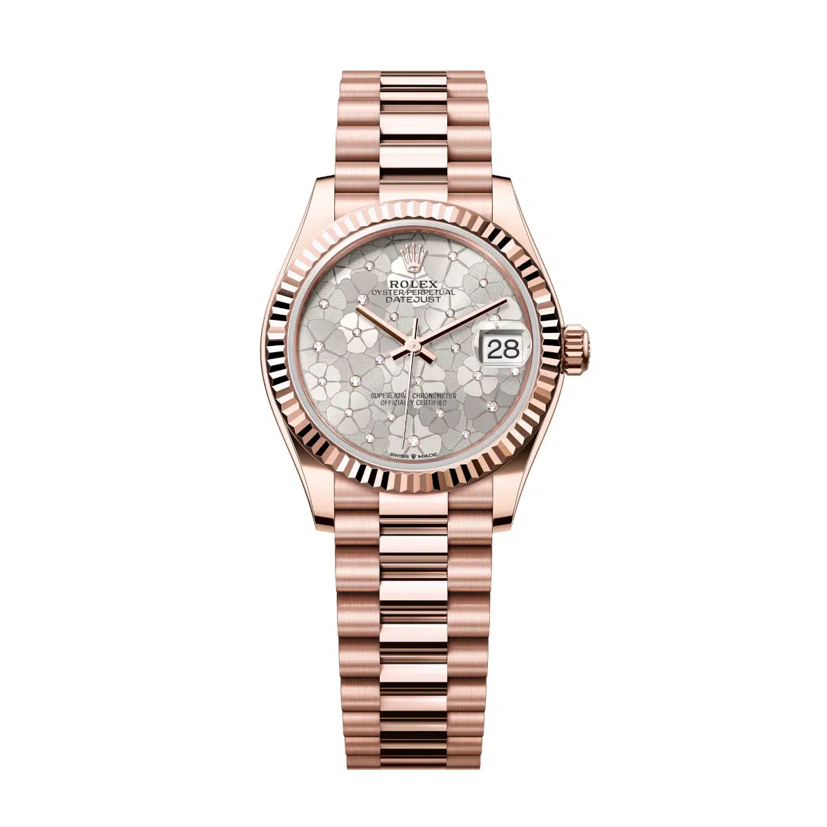 Rolex Datejust 278275-0045 Silver Floral Motif Set with Diamonds 31mm Dial Fluted Bezel President Bracelet Watch