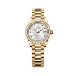 Rolex Lady-Datejust 279138RBR-0015 White Mother-of-Pearl Set with Diamonds 28mm Dial Diamond-Set Bezel President Bracelet 18kt Yellow Gold Watch