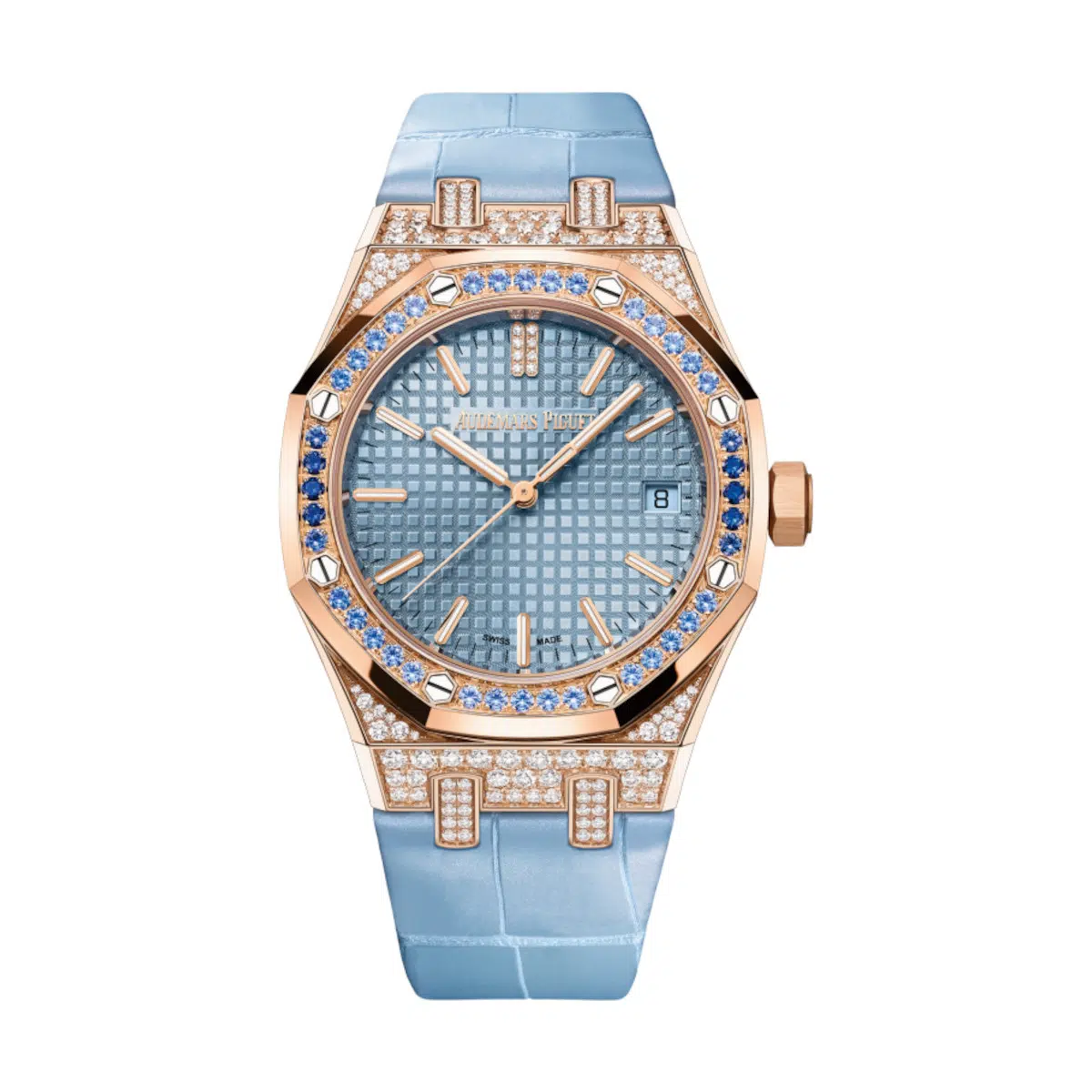 Audemars Piguet 15551OR.ZS.D344CR.01 Royal Oak Light Blue with “Grande Tapisserie” Pattern 37mm Dial Pearly Light Blue Alligator Strap