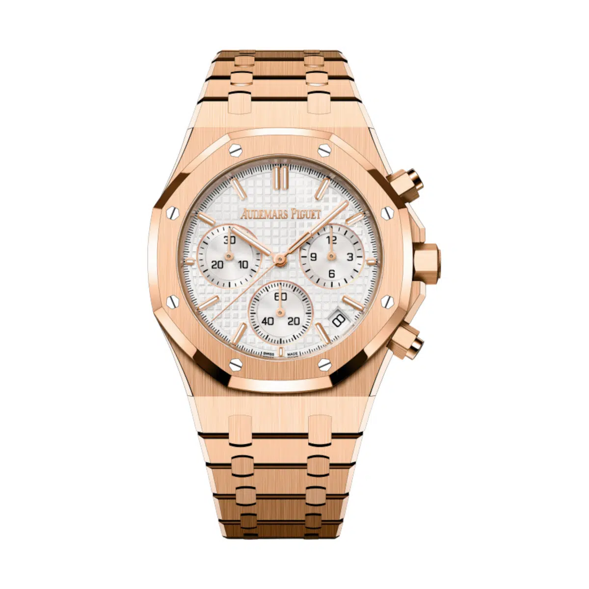 Audemars Piguet 26240OR.OO.1320OR.07 Royal Oak Silver-Toned with “Grande Tapisserie" Pattern 41mm Dial 18-Carat Pink Gold Bracelet Watch