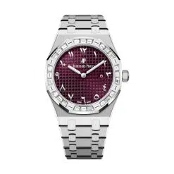 Burgundy dial with “Grande Tapisserie” pattern, special Arabic indexes and Royal Oak hands with luminescent coating