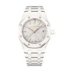 4Audemars Piguet 77350CB.OO.1266CB.01 Royal Oak Silver-Toned with "Grande Tapisserie” Pattern 34mm Dial White Ceramic Bracelet Watch