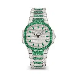 Patek Philippe 7118-1453G-001 Nautilus Diamonds "Wave" Pattern Dial White Gold Paved with Diamonds and Emeralds Bracelet