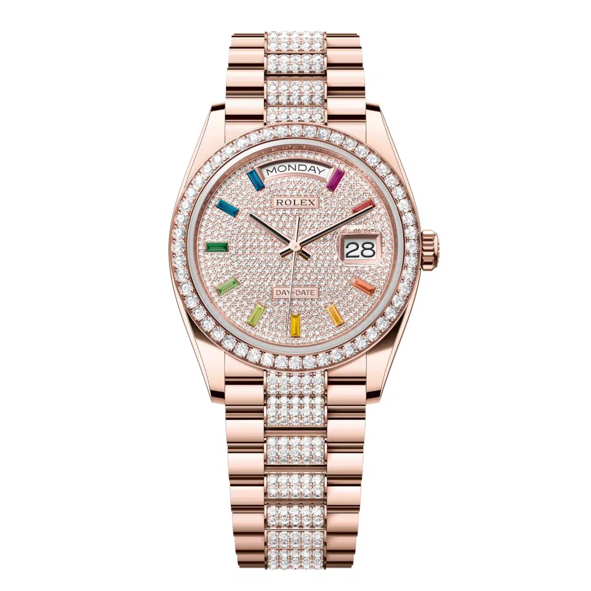 Rolex Day-Date 128345RBR-0043 Diamond Paved 36mm Dial Diamond Set Bezel Everose Gold Diamond President Bracelet Watch