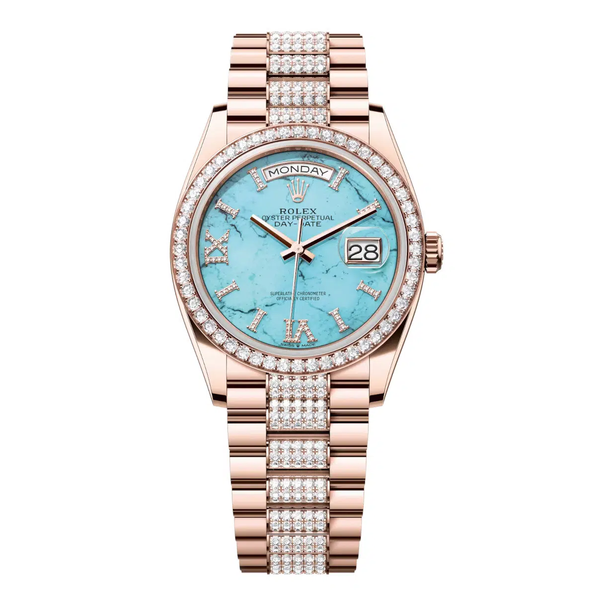 Rolex Day-Date 128345RBR-0065 Turquoise Roman Numeral Set with Diamonds 36mm Dial Diamond Set Bezel Everose Gold Diamond President Bracelet Watch