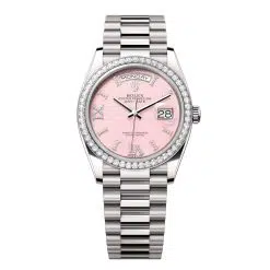 Rolex Day-Date 128349RBR-0008 Pink Opal Roman Numeral Set with Diamonds 36mm Dial Diamond Set Bezel White Gold President Bracelet Watch