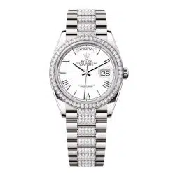 Rolex Day-Date 128349RBR-0044 White Roman Numeral 36mm Dial Diamond Set Bezel White Gold President Bracelet Watch