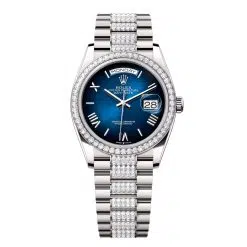 Rolex Day-Date 128349RBR-0048 Blue Ombré Roman Numeral 36mm Dial Diamond Set Bezel White Gold President Bracelet Watch