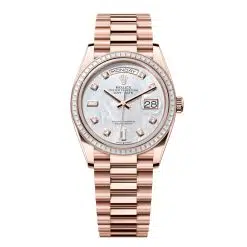 Rolex Day-Date 128395TBR-0006 White Mother-of-Pearl Set with Diamonds 36mm Dial Diamond Set Bezel Everose Gold Diamond President Bracelet Watch