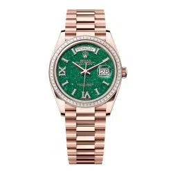 Rolex Day-Date 128395TBR-0020 Green Aventurine Roman Numeral Set with Diamonds 36mm Dial Diamond Set Bezel Everose Gold Diamond President Bracelet Watch
