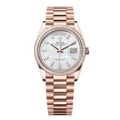 Rolex Day-Date 128395TBR-0026 White Mother-of-Pearl Set with Diamonds 36mm Dial Diamond Set Bezel Everose Gold Diamond President Bracelet Watch