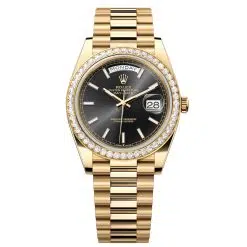 Rolex Day-Date 228348RBR-0043 Bright Black 40mm Dial Diamond Set Bezel Yellow Gold President Bracelet Watch