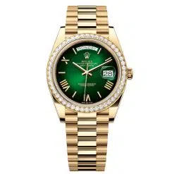 Rolex Day-Date 228348RBR-0045 Green Ombré Roman Numeral 40mm Dial Diamond Set Bezel Yellow Gold President Bracelet Watch