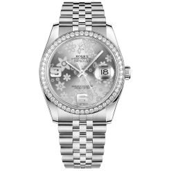 Rolex Datejust 116244-0002 Silver Floral Motif Arabic Numeral 36mm Dial Diamond Set Bezel Oystersteel Jubilee Bracelet Watch
