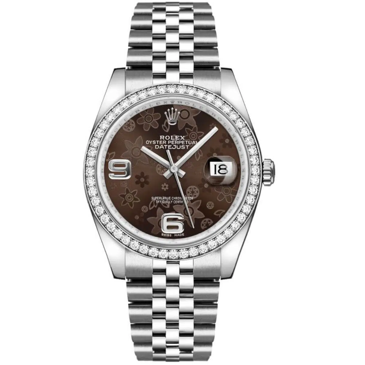 Rolex Datejust 116244-0003 Bronze Floral Motif Arabic Numeral 36mm Dial Diamond Set Bezel Oystersteel Jubilee Bracelet Watch