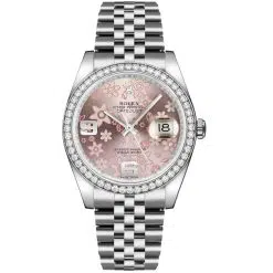 Rolex Datejust 116244-0004 Pink Floral Motif Arabic Numeral 36mm Dial Diamond Set Bezel Oystersteel Jubilee Bracelet Watch