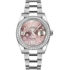 Rolex Datejust 116244-0007 Pink Floral Motif Arabic Numeral 36mm Dial Diamond Set Bezel Oystersteel Oyster Bracelet Watch