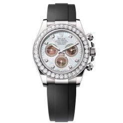 Rolex Cosmograph Daytona 126589RBR-0001 White and Black Mother-of-Pearl 40mm Dial Diamond-Set Bezel Oysterflex Bracelet Watch