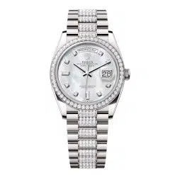 Rolex Day-Date 128349RBR-0014 White Mother-of-Pearl Set with Diamonds 36mm Dial Diamond Set Bezel White Gold Diamond President Bracelet Watch