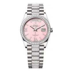 Rolex Day-Date 128349RBR-0017 Pink Opal Roman Numeral Set with Diamonds 36mm Dial Diamond Set Bezel White Gold Diamond President Bracelet Watch