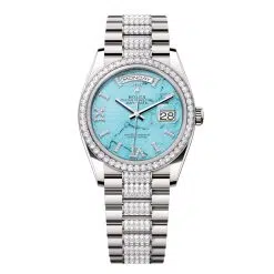 Rolex Day-Date 128349RBR-0032 Turquoise Roman Numeral Set with Diamonds 36mm Dial Diamond Set Bezel White Gold Diamond President Bracelet Watch