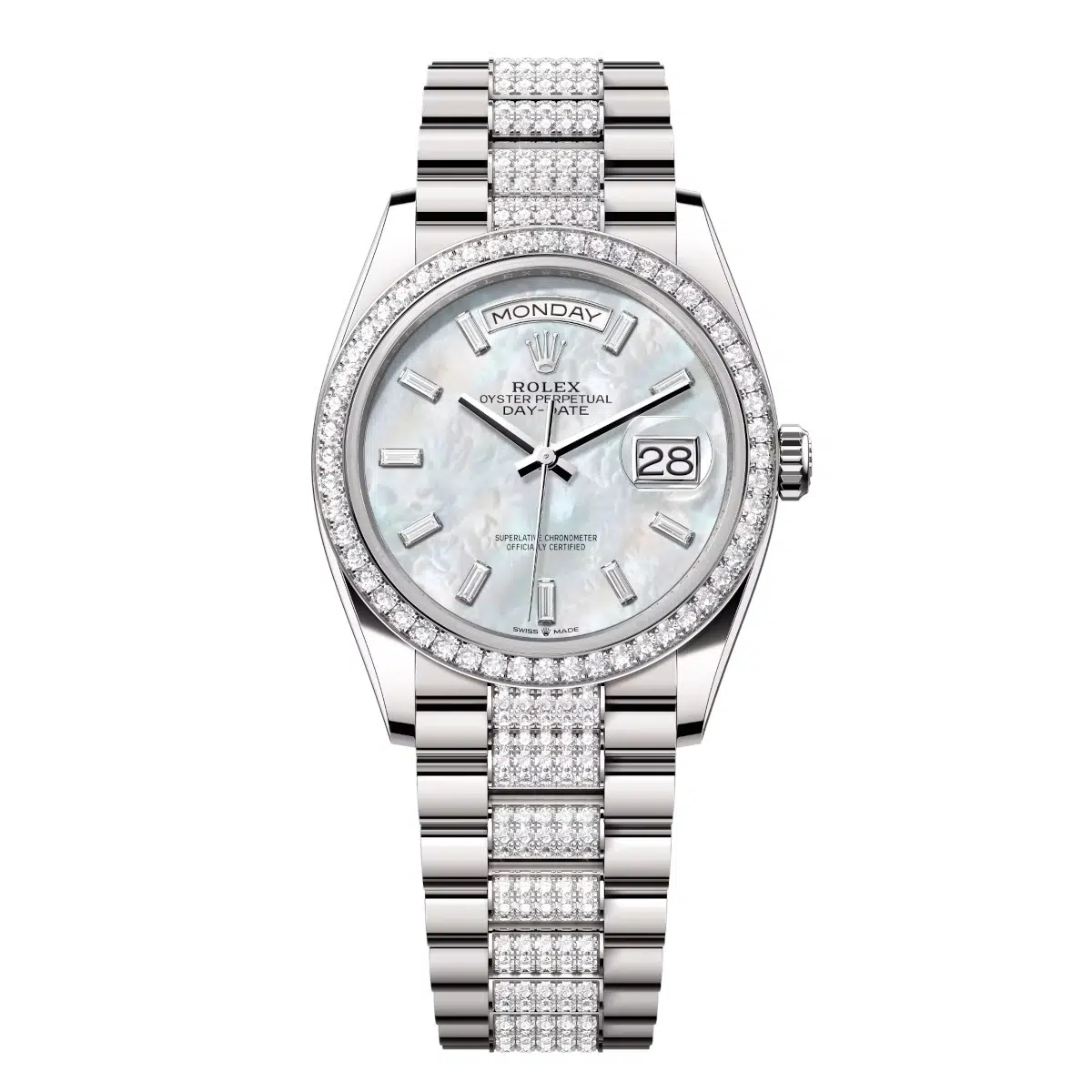 Rolex Day-Date 128349RBR-0050 White Mother-of-Pearl Set with Diamonds 36mm Dial Diamond Set Bezel White Gold Diamond President Bracelet Watch