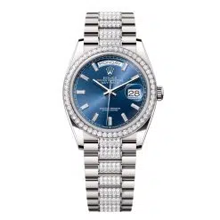 Rolex Day-Date 128349RBR-0052 Bright Blue Set with Diamonds 36mm Dial Diamond Set Bezel White Gold Diamond President Bracelet Watch