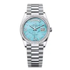 Rolex Day-Date 128396TBR-0016 Turquoise Roman Numeral Set with Diamonds 36mm Dial Diamond Set Bezel Platinum President Bracelet Watch
