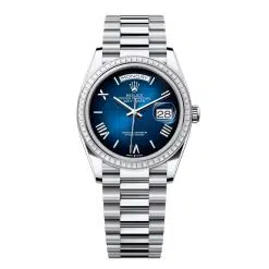 Rolex Day-Date 128396TBR-0021 Blue Ombré Roman Numeral 36mm Dial Diamond Set Bezel Platinum President Bracelet Watch