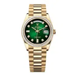 Rolex Day-Date 128398TBR-0008 Green Ombré Set with Diamonds 36mm Dial Diamond Set Bezel Yellow Gold President Bracelet Watch
