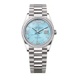 Rolex Day-Date 128399TBR-0011 Turquoise Roman Numeral Set with Diamonds 36mm Dial Diamond Set Bezel White Gold President Bracelet Watch