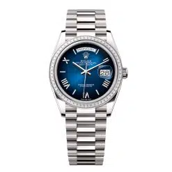 Rolex Day-Date 128399TBR-0021 Blue Ombré Roman Numeral 36mm Dial Diamond Set Bezel White Gold President Bracelet Watch